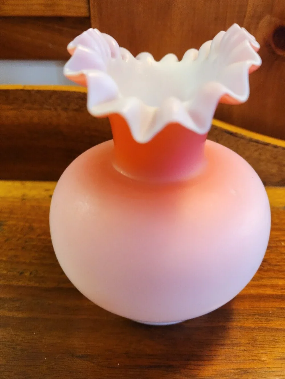 Vase Satin Cranberry Pink Opalescent Glass Ruffle Top 5